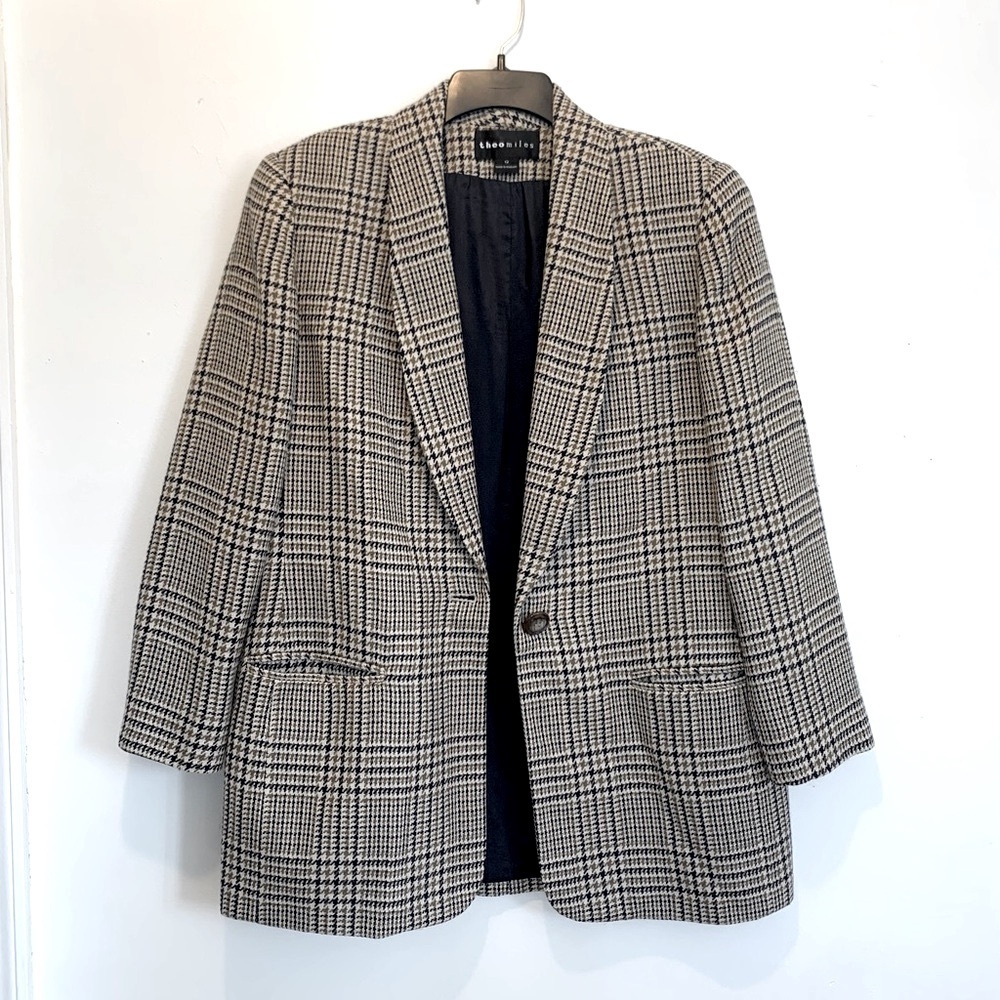 Theo Miles Vintage Houndstooth Plaid Wool Blazer Oversized 12